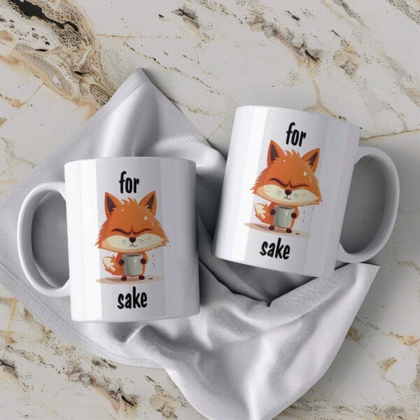 Vicces bögre mérges rókával és humoros "For Fox Sake" szöveggel