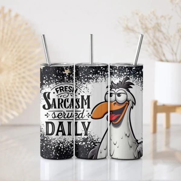 Szarkasztikus madaras kulacs felirattal – 'Fresh sarcasm served daily